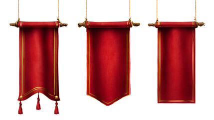 Medieval red flags, hanging royal banners with gold border. Blank cloth pennants, vintage vertical fabric flags isolated on transparent background, vector realistic set