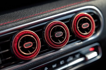 Close-up of car's climate control vents.  Red accents