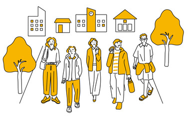 街、大学、キャンパスでくつろぐ若い人々の線画イラストセット