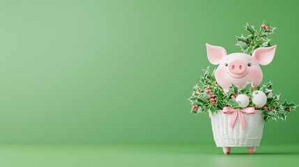 Clean mezzotint 3D vector illustration of an adorable white pastel pig character carrying a white holly fruit basket with a pink ribbon, Christmas vibe, icon isolated on a fresh green background