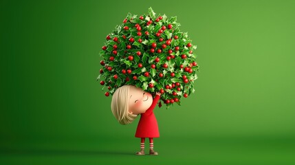 Clean mezzotint 3D vector illustration of an adorable young girl hugging a tall holly tree covered in festive red holly berries, Christmas celebration theme, isolated on a vivid green backdrop