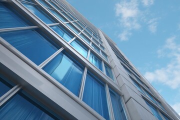 A lowangle view captures a tall building with many windows against a partly cloudy blue sky