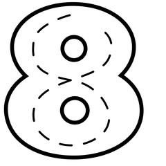 Outlined number eight with dashed trace lines, isolated on white background, perfect for tracing, educational worksheets, and creative learning designs.

