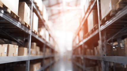 Fototapeta premium Neatly arranged boxes on warehouse shelves with soft overhead lighting and a blurred background.
