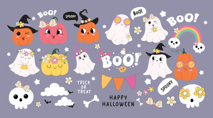 Obraz premium Halloween elements vector set design. Happy halloween trick or treat colorful decoration festive spooky elements with cute ghost and funny pumpkin character in pink background. Vector illustration 