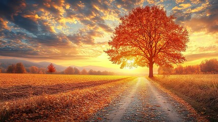 Autumnal sunset over a country road.