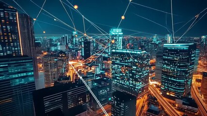 Night cityscape with illuminated skyscrapers and digital network connections over urban landscape - Powered by Adobe