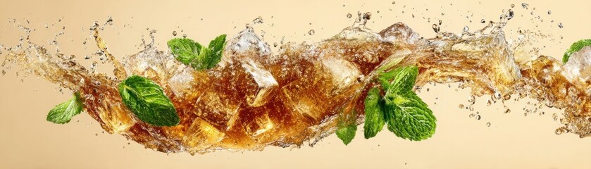 A dynamic splash of cola surrounds ice cubes and fresh mint leaves, creating a refreshing and lively beverage scene on a beige background.