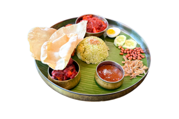 Dish of coconut milk rice aka nasi lemak with fried chicken, egg, anchovies, peanuts, papadom and chilli paste. Isolated on transparent background.