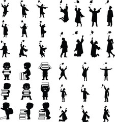 Graduation Cap Toss Silhouette – Celebration Icon Vector Set Students Throwing Graduation Hats – Black Silhouette Design Pack