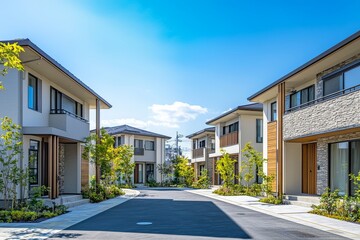 Fototapeta premium Photograph of modern townhouses in Japan with neutral tones, wooden windows, gray roofs, and stone walls, clean street, greenery, and clear blue sky.