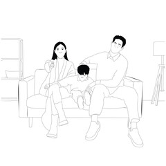 vector style line illustration of a family sitting on a sofa