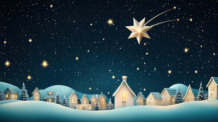 Fototapeta premium Mezzotint illustration of a whimsical clean and simple 3D shooting star soaring above a cozy village decorated for Christmas, glowing lights on rooftops, icon isolated on a winter holiday background