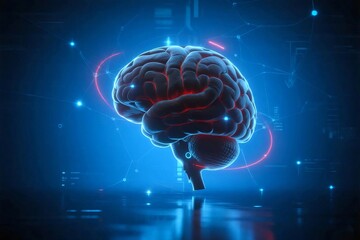 Futuristic glowing human brain with neural connections in sci fi concept