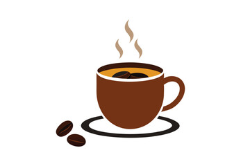 Illustration of a cup of hot coffee with scattered coffee beans design