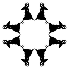 Geometrical ethnic frame with dancing winged Ancient Greek goddesses. Vase painting style. Black silhouette on white background.