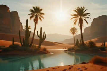Desert Oasis at Sunset with Palm Trees, Cactus, and Sand Dune