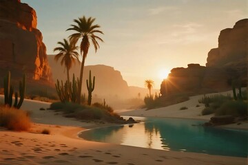 Desert Oasis at Sunset with Palm Trees, Cactus, and Sand Dune