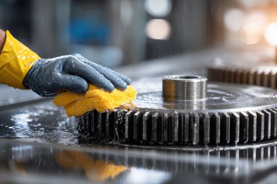 A worker wearing protective gloves cleans a large metal gear with a yellow sponge in an industrial setting.