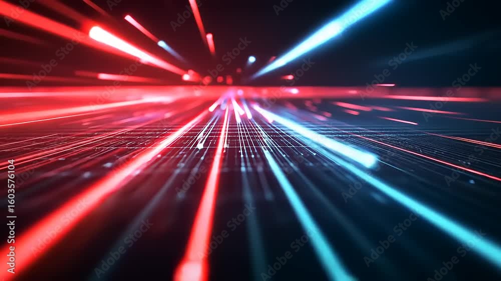 Wall mural dynamic abstract light trails in red and blue create a futuristic digital landscape with depth