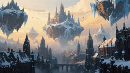 Floating Islands Over a Futuristic Cityscape