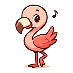 Cartoon flamingo stands, exuding joy with musical note