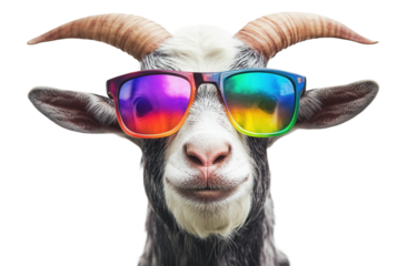 Cool goat sporting vibrant rainbow sunglasses, radiating fun and summer vibes for any playful project
