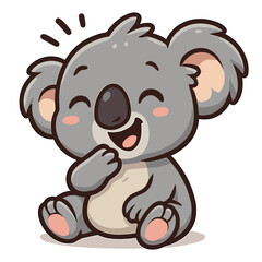 A happy, cartoon koala bear sits and grins widely softly