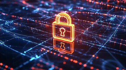 Digital lock symbolizing cybersecurity on a network grid with glowing connections in a tech environment - Powered by Adobe
