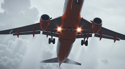 Airplane taking off on a wet runway with lights on during a cloudy day in an airport setting
