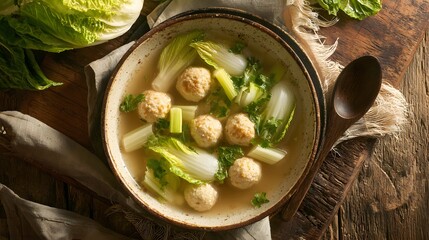 Overhead shot of fish ball soup with napa cabbage and clear broth in ceramic bowl.
