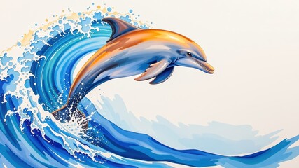 Vibrant dolphin leaps gracefully through dynamic wave, showcasing beauty of watercolor in augmented reality