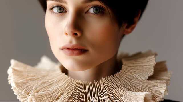 Stylish close-up of a woman wearing a unique ruffled collar showcasing contemporary fashion and artful design