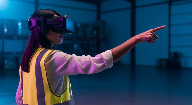 Woman in VR Headset Navigating Virtual Warehouse