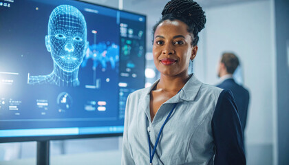 AI Visionary: A determined professional stands confidently before a cutting-edge display showcasing advanced facial recognition technology, a testament to her expertise and the future of innovation.