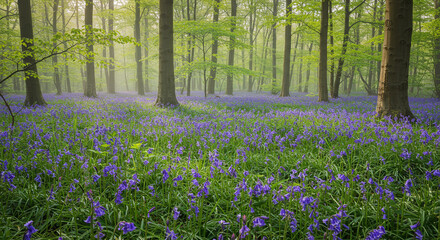 Misty woodland covered in blooming Mertensia virginica