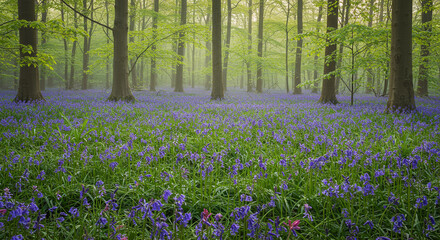 Naklejka premium Ethereal forest filled with sky-blue Virginia Bluebells in bloom