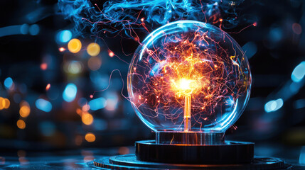 A glowing, colorful, spherical object emitting sparks against a dark, blurred background.