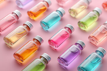 Colorful small glass bottles with metallic caps pink background vibrant and attractive appealing