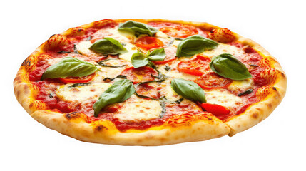 Delicious margherita pizza with fresh basil leaves isolated on transparent background