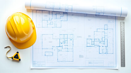 Construction plans and safety gear on a white surface showing building design blueprints and tools