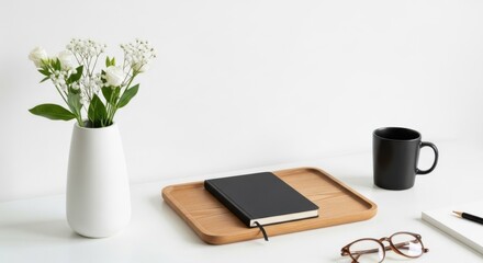 A white vase with delicate white flowers sits on a desk next to a notebook, glasses, and a black mug
