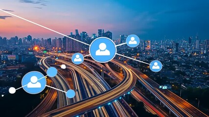 Urban skyline at dusk showcasing a busy highway with digital icons representing connectivity - Powered by Adobe