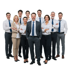 Fototapeta premium A group of diverse professionals stands confidently in business outfits, smiling, isolated on a transparent background.