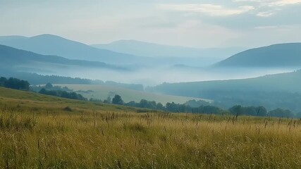 Misty mountain range view over a grassy plain