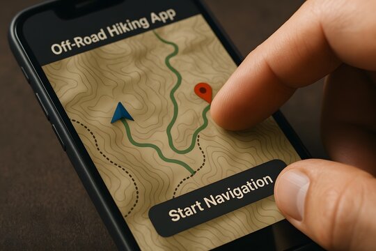 Off road hiking app navigation on smartphone for outdoor adventure and gps tracking technology use case