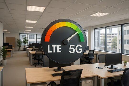 Lte and 5g speed test internet connection performance in office network and wireless technology concept
