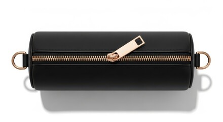 A black cylindrical fashion bag with a gold zipper and hardware, isolated on a white background