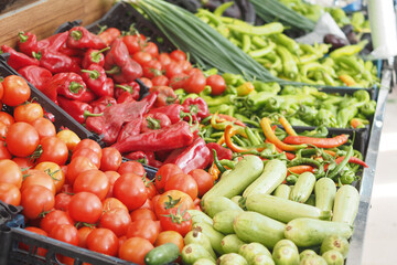 Fresh vegetables displayed at a local market in summer