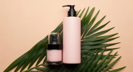 Two cosmetic bottles, one tall and one small, sit on a large green leaf against a soft peach background
